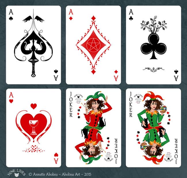 Aces and Jokers from Nine Lives Playing Cards by Annette Abolins