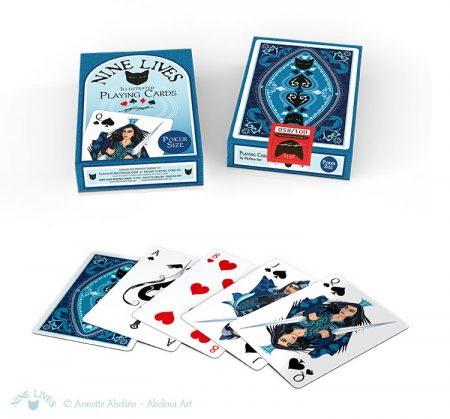 Front and back side of tuckbox and 5 Nine Lives Playing Cards