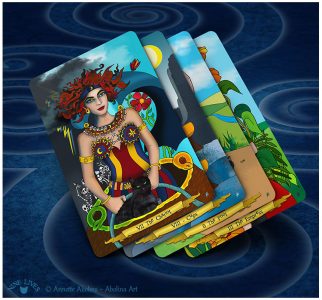4 cards from Nine Lives Tarot - Chariot, VIII Cups, Fool & Empress