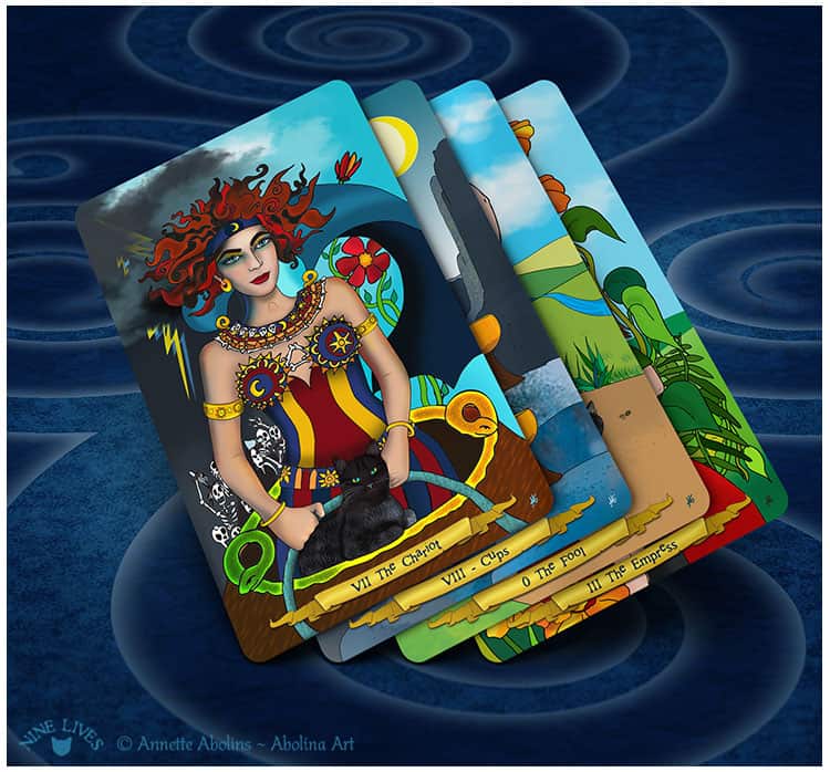 4 cards from Nine Lives Tarot - Chariot, VIII Cups, Fool & Empress
