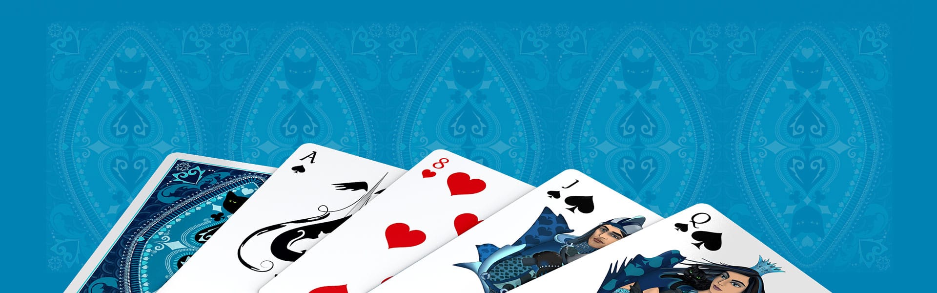 background image featuring playing cards fanned on light blue rendering of Nine Lives card back design