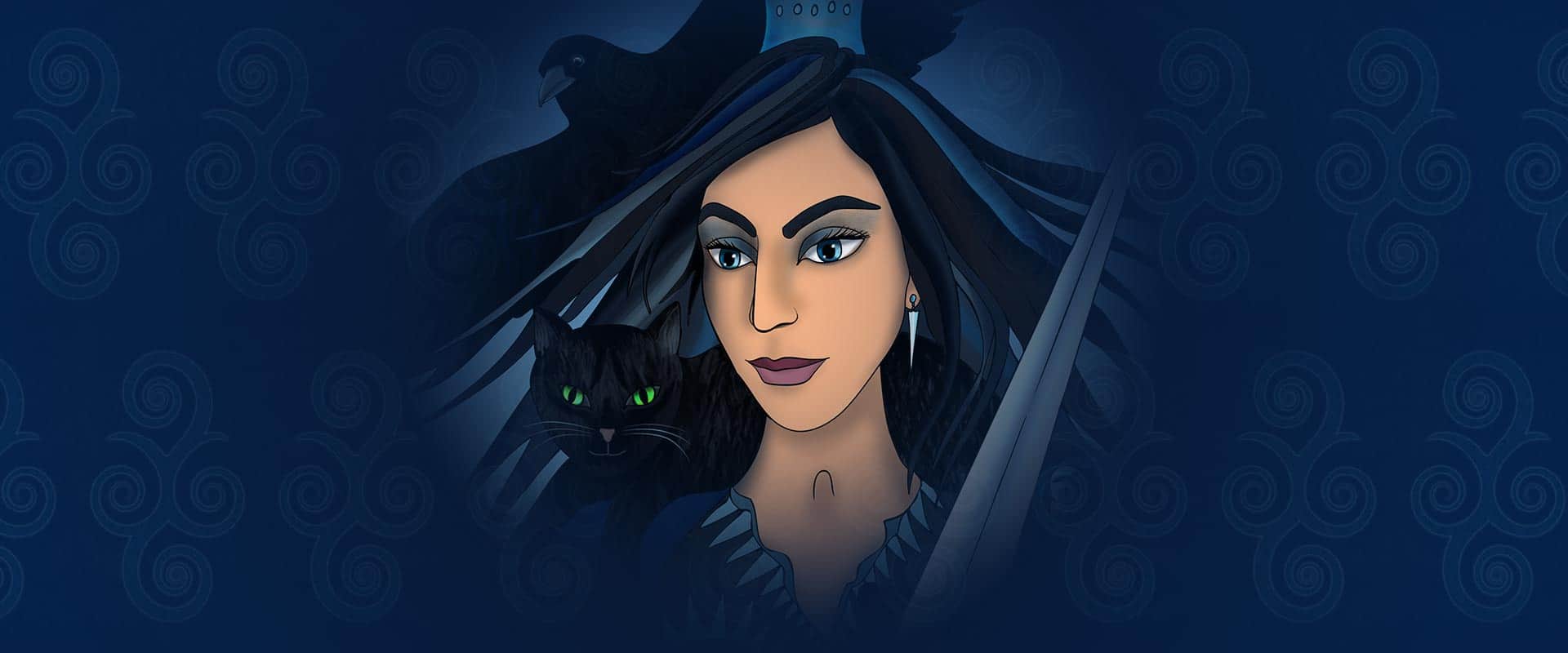 Queen of Swords artwork detail on dark blue background