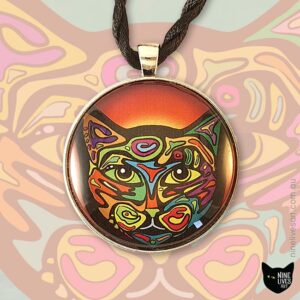 Bright and colourful cat pendant in 40mm cabochon setting