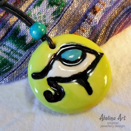 Eye Pendant stoneware clay with Lime turquoise colours