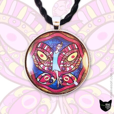 Fairy with cerise wings against blue sky 40mm art pendant set in cabochon and strung on black cord