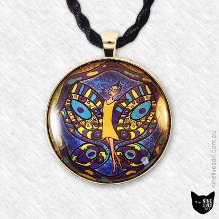 Golden fairy with accented turquoise wings immersed in a purple sky 40mm art pendant set in cabochon and strung on black cord