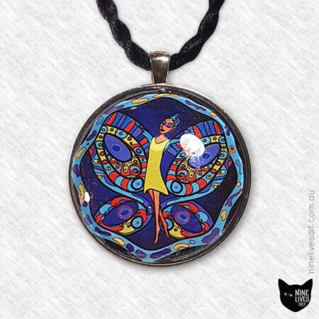 Fairy in yellow dress soaring the midnight sky on turquoise wings 40mm art pendant set in cabochon and strung on black cord