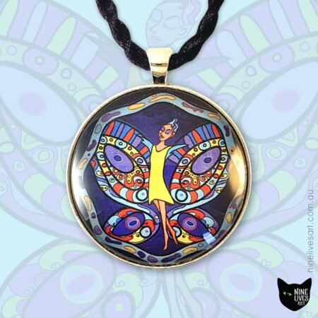 Fairy in yellow dress soaring the midnight sky on turquoise wings 40mm art pendant set in cabochon and strung on black cord