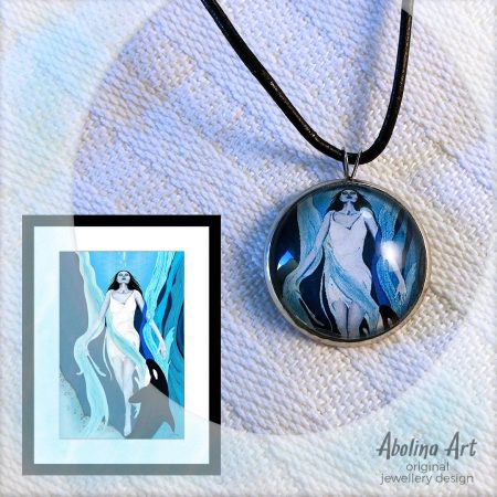 Returning art pendant displayed with artwork reference