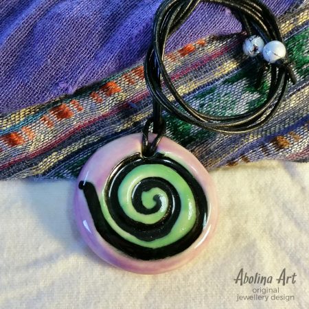 Pink and green spiral pendant stoneware fired clay