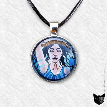 Art pendant featuring detail from Nine Lives Tarot - Temperance, sealed under glass dome with bezel setting