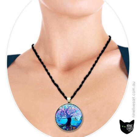 Model wearing 40mm Psychedelic Dawn Tree of Life pendant
