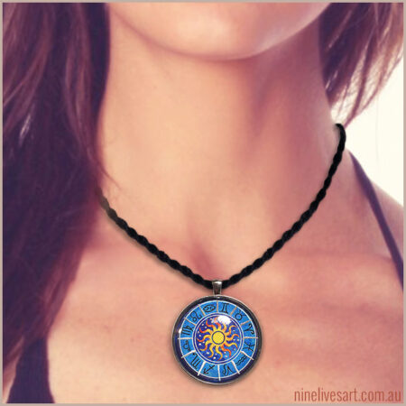 Blue Zodiac pendant worn by model