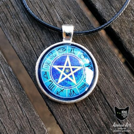 Small Zodiac pendant 12 star signs on striking blue with pentagram in centre