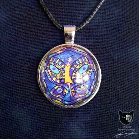 Fairy in yellow dress with purple turquoise butterfly wings on blue background - 25mm silver coloured pendant setting with glass cabochon