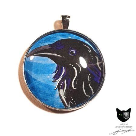 Original art pendant of black raven on blue background