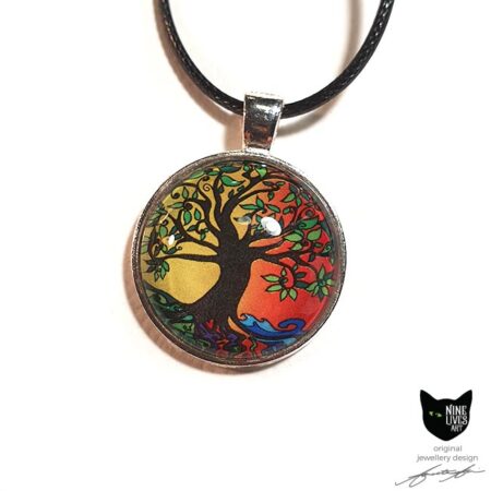 Tree of Life artwork in Summer tones - silver coloured pendant setting with glass cabochon sealing the artwork