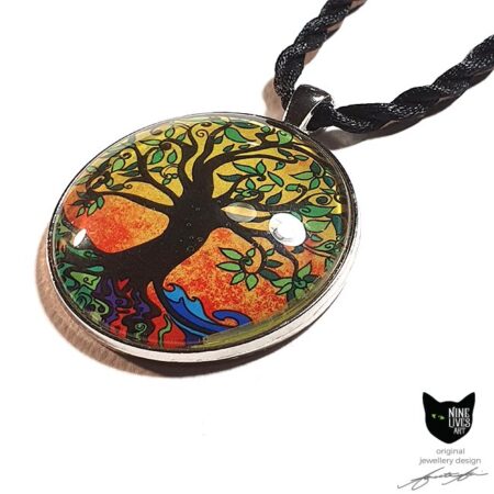 Tree of Life artwork incorporating summer colours - sealed under 40mm glass cabochon, striking and original jewellery piece