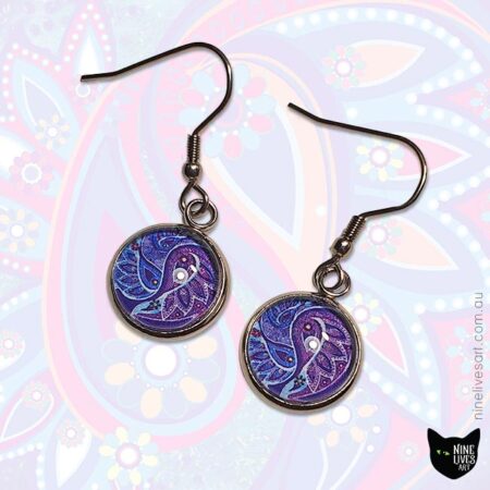 12mm cabochon set earrings with purple paisley artwork and French hooks