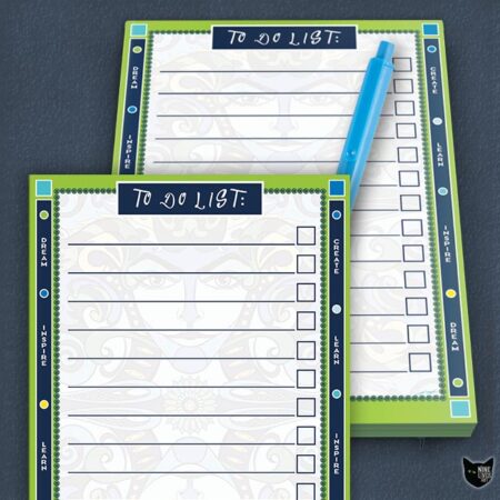 To Do list with bright border design and feint artwork on lined pad with checkboxes