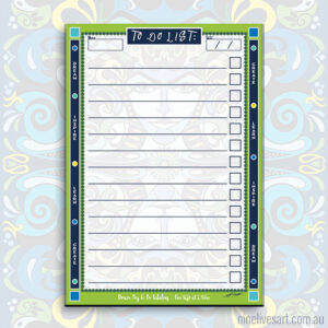 A6 size lined notepad with colourful border design and semi-transparent artwork in the background