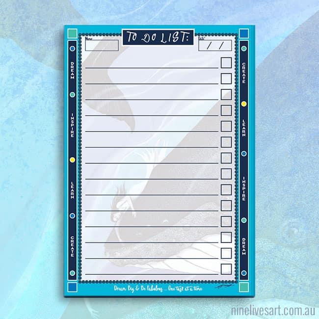 A6 To-Do list 100 tear-off pages with blue border and semi-transparent Whale Dreaming artwork in the background.
