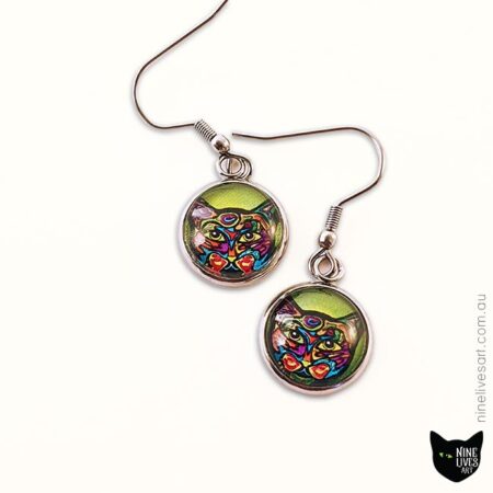Psychedelic cat earrings on green background 12mm cabochon with French hook setting