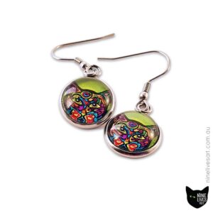 Psychedelic cat earrings on green background 12mm cabochon with French hook setting