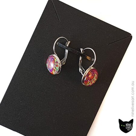 12mm magenta lime coloured paisley earrings displayed on black jewellery card