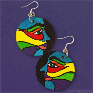 Bold colourful hand-painted faces - French hook earrings 40mm