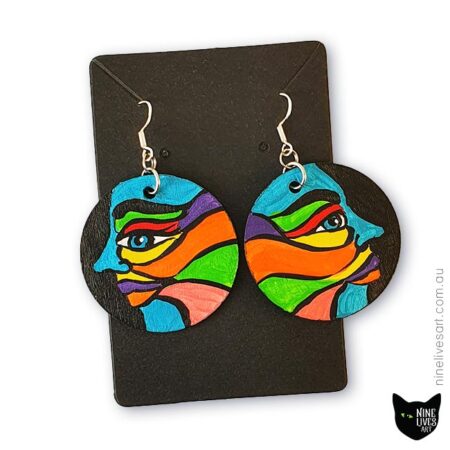 40mm circle hand painted earrings with bold colourful faces