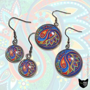 Handcrafted earrings in blue hues featuring paisley design and French hook setting