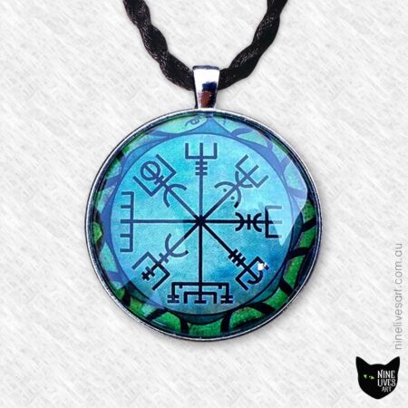 40mm Vegvisir art pendant in green hues - strung on twisted silk cord
