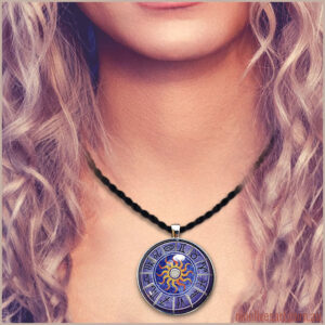 Model wearing Zodiac sun pendant in purple colours