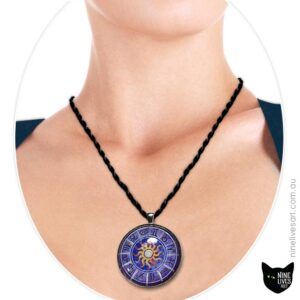 Model wearing 40mm purple zodiac pendant