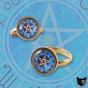 Zodiac Pentagram rings 12mm cabochon setting displayed on backdrop featuring original artwork