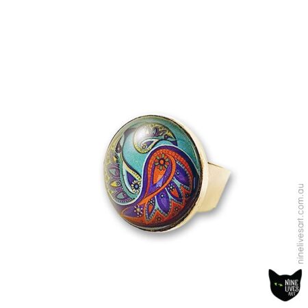 25mm cabochon ring featuring paisley artwork in turquoise hues