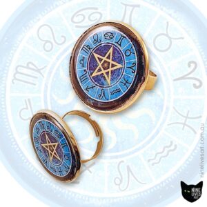 Zodiac Pentagram 25mm resin rings 12mm cabochon setting displayed on backdrop featured on original artwork