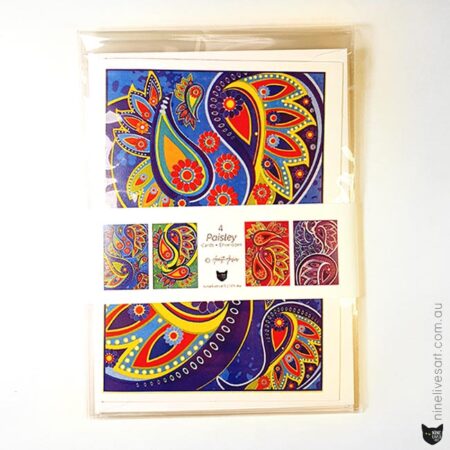 4 greeting cards featuring four paisley designs in different colours