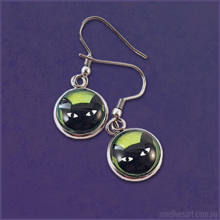 Black Cats on green background - 12mm glass dome earrings with French hook setting