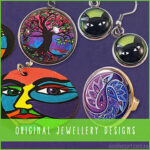 Pendants, rings and earrings on purple background