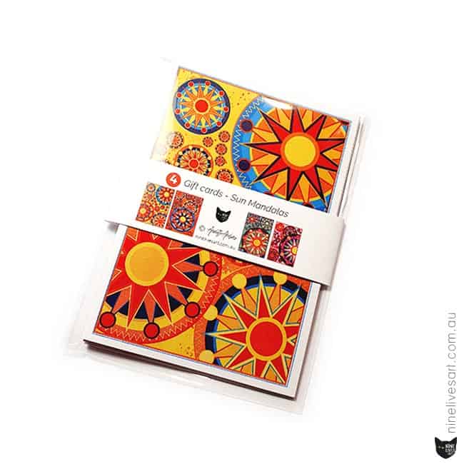 4 mini gift cards featuring four Sun Mandala designs in different colours