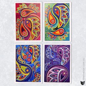 4 mini gift cards featuring four paisley designs in different colours