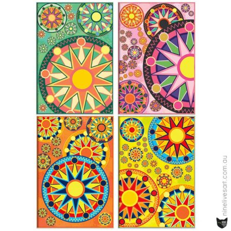 4 mini gift cards featuring four Sun Mandala designs in different colours