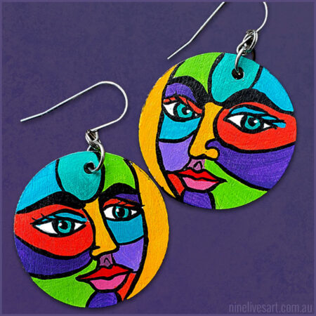 Bright colourful hand-painted face earrings