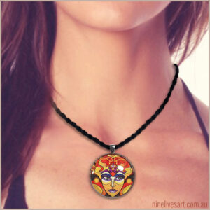 Model wearing 40mm Sun Goddess art pendant