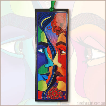 Two Faces bookmark on feint background showing detail of original artwork