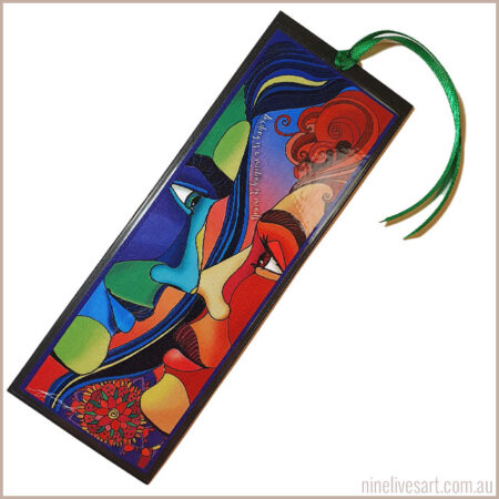 Art bookmark featuring two brightly painted faces