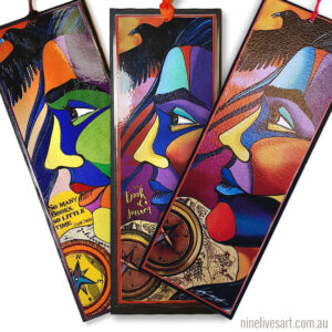 3 art bookmarks featuring long-haired man in profile with map, raven and compass in background