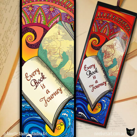Illustrated art book mark featuring open book with a quote and map drawing surrounded by ocean and sky inspired patterns